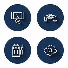 Set line Broken oil pipe with valve, Oil, Petrol or gas station and CO2 emissions in cloud with long shadow. Blue circle button. Vector