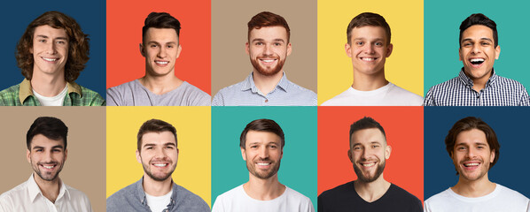 Cheerful multiracial men smiling on diverse backgrounds, collection