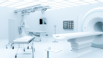 Medical gear in a generic white hospital room. 3D rendering