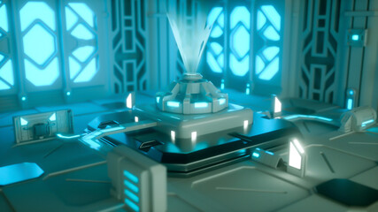 Blue science fiction futuristic environment with a hologram generator. 3D rendering © Adrian Grosu
