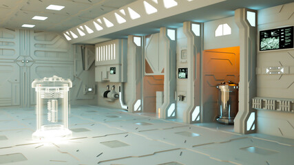 High tech object being materialized in a science fiction lab or space ship. 3D rendering © Adrian Grosu
