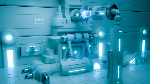 High Tech Lab, Industrial Or Space Ship Engine. Generic Futuristic Science Fiction Background. 3D Rendering