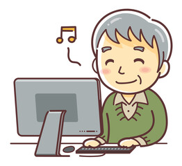 パソコンを使いこなすシニアの男性のイラスト（得意・パソコン教室）