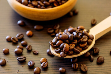 coffee beans close up in the table
