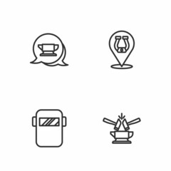 Set line Anvil and hammer, Welding mask, Blacksmith anvil tool and Horseshoe icon. Vector
