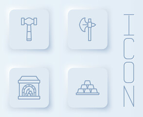 Set line Hammer, Medieval axe, Blacksmith oven and Gold bars. White square button. Vector