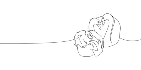 Two swans hugging continuous line drawing. One line art of time of love, couple, heart, hugging, birds, family, relationship, lovers, symbolism. © sahs94