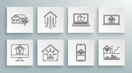 Set line Computer monitor with smart house and light bulb, Smart home, alarm, Mobile phone wi-fi, Laptop under protection, and icon. Vector