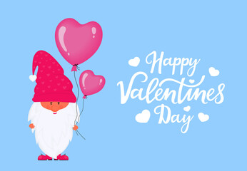 Valentine gnome with lovely balloons. Gretting card in Cartoon style.
