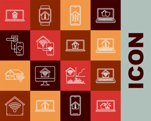 Set line Laptop with smart house and alarm, home wi-fi, temperature, Mobile phone, Smart, Digital door lock wireless technology for lock, and light bulb icon. Vector