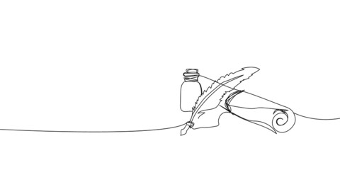 Scroll with inkwell and feather continuous line drawing. One line art of love letter, papyrus, antique, romance, classic, retro, correspondence, news.