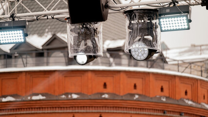 Stage lighting rig with moving head for event and concert stage. Night Club lighting equipment.