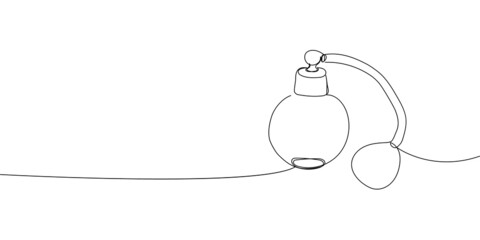 Vintage perfume spray bottle continuous line drawing. One line art of perfume, eau de toilette, tester, spray, aroma, pheromones, love potion, feelings, smell, gift.