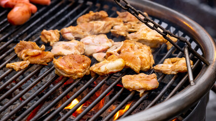 Grilled chicken breast on the flaming grill, real picture, dark background