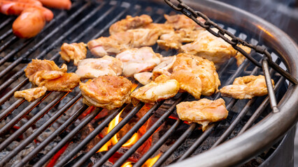 Grilled chicken breast on the flaming grill, real picture, dark background