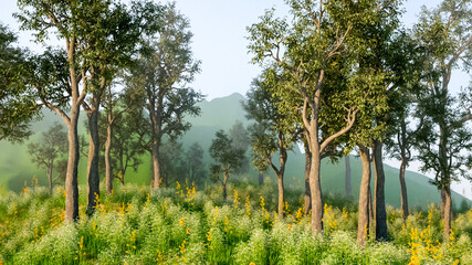 Photorealistic background - green forest in a summer morning. Beautiful trees, green grass, flowers and a blurry mountain in background. 3D rendering