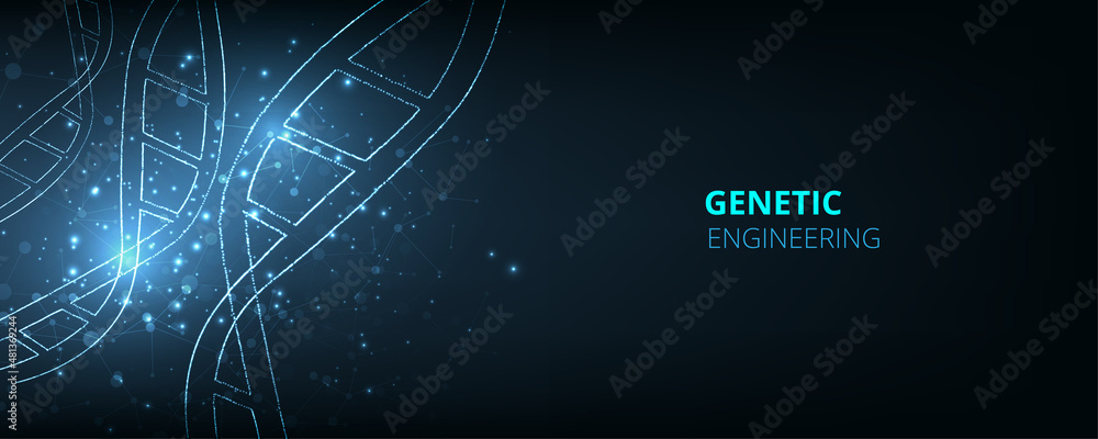 Poster modern genetics background.depicting innovation in shape of a dna double helix on dark blue backgrou