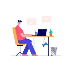 Men enjoying his hobbies, work, leisure. Character  playing football, basketball, learning gitar, drawing. Designer and artist at work and musician. Vector illustration in flat cartoon style.