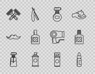 Set line Cream or lotion cosmetic tube, Glass bottle with pipette, Shaving gel foam, Crossed shaving razor, Aftershave, and icon. Vector