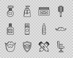 Set line Mustache and beard, Barbershop chair, Cream or lotion cosmetic jar, shield, tube, Shaving gel foam, Crossed electrical clipper shaver and icon. Vector