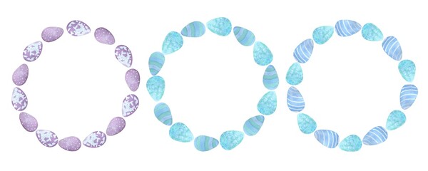 Frames of watercolor decorative eggs, blue, purple, cute illustrations 