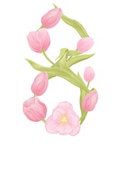 Postcard template for March 8, International Women's Day, eight of pink tulips