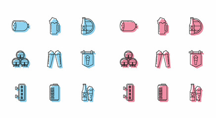 Set line Street signboard with inscription Beer, can, Salami sausage, bottle and glass, Glass of beer, Wooden barrel rack stopcock and icon. Vector