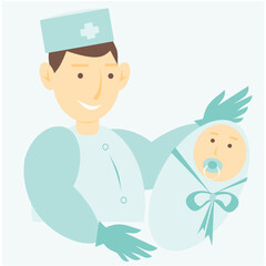 Vector postcard on a blue background of a doctor with a newborn. Doctor from the maternity ward. Young obstetrician-gynecologist with a baby in her arms.