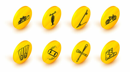 Set line Boots, Crossed paddle, Skateboard trick, Rubber flippers for swimming, Bicycle, and on street ramp icon. Vector © Oksana