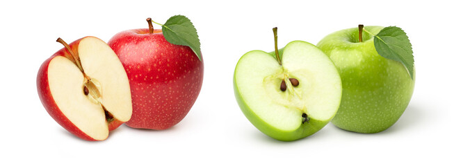 Red and green apples and halves with leaves isolated on white background, colorful apples.