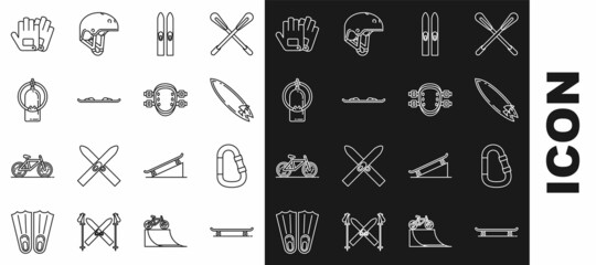 Set line Skateboard, Carabiner, Surfboard, Ski and sticks, Snowboard, Aqualung, Gloves and Knee pads icon. Vector