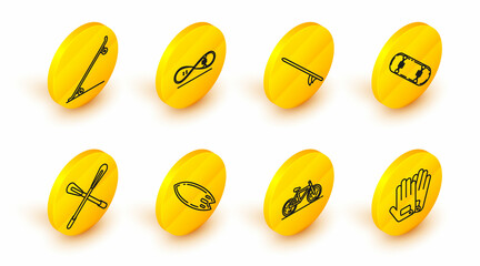 Set line Gloves, Bicycle, Surfboard, Crossed paddle, Skateboard trick, and icon. Vector