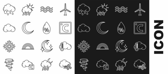 Set line Windy weather, Thermometer and cloud, Celsius, Waves, Moon stars, Cloud, with rain and Water drop percentage icon. Vector