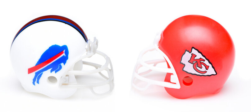 IRVINE, CALIFORNIA - 19 JAN 2022: Helmets for the Buffalo Bills and Kansas City Chiefs, opponents in the Divisional Round of Playoffs.