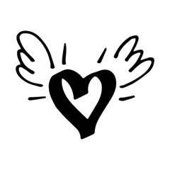 Hand drawn heart with little wing. Symbol of love. Doodle style Valentine's day illustration. Vector.