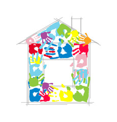 House made from children's and parent's handprints. Vector concept.