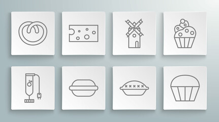 Set line Blender, Cheese, Macaron cookie, Homemade pie, Muffin, Windmill, Cupcake and Pretzel icon. Vector