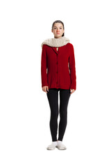 Front view of sad young girl feeling sick, has running nose wearing warm home clothes isolated over white studio background.