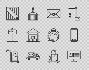 Set line Hand truck and boxes, Computer monitor with app delivery tracking, Envelope, Post, Wooden, Warehouse, Scale cardboard and Mobile phone icon. Vector