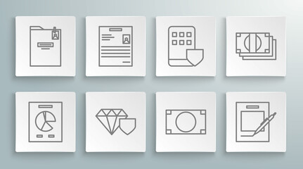 Set line Document with graph chart, Personal document, Diamond shield, Stacks paper money cash, Blank notebook and pen, Smartphone insurance, and folder icon. Vector