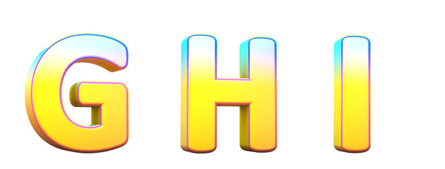 Alphabet in gradient colors. Letters G, H, I. 3d render