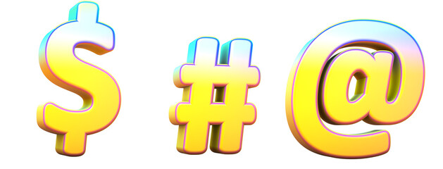 Alphabet in gradient colors. Dollar sign, arroba, hashtag . 3d render