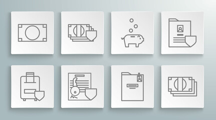 Set line Traveling baggage insurance, Money with shield, Document key, Personal folder, Stacks paper money cash, Piggy bank coin, and icon. Vector
