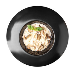 Isolated portion of gourmet risotto with truffles on white background