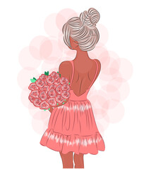 Young girl with a bouquet of roses, Happy woman with a luxurious hairstyle, print on textiles, on a T-shirt, on gift wrapping, International Women's Day, design of a postcard, poster, interior design
