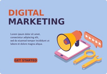 Digital Marketing 2022 banner and website. Mockup mobile phone and mouthpiece. Instruments of marketing. Business strategy and analytics. 3d isometric vector illustration. Popular flat colors.