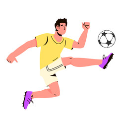 Soccer or football player man with ball. Football championship and sport match sportsman, flat cartoon vector illustration isolated on white background.