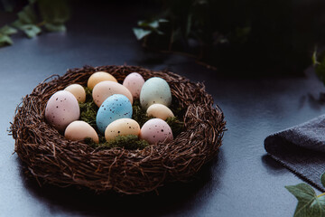 A wicker nest with moss and colored Easter eggs and green leaves on dark background. Dark mood style. Happy Easter holiday. Selective focus, copy space
