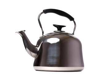 a metal kettle for a gas or electric stove made of polished stainless steel with a handle on a white isolated background