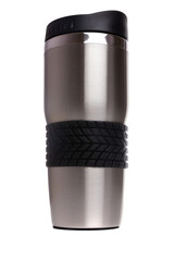 metal glass thermos for coffee or tea with a rubber handle and a plastic lid on a white isolated background